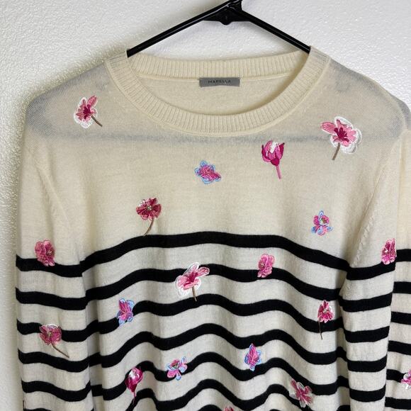 Marella Rita Sweater Womens Medium Cream Floral Embroidered Striped * - Picture 7 of 9